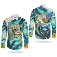 Hawaii Waimanalo Sea Turtle Couples Matching Mermaid Dress and Long Sleeve Button Shirt Cute Tropical Beach Aloha Spirit Cartoon