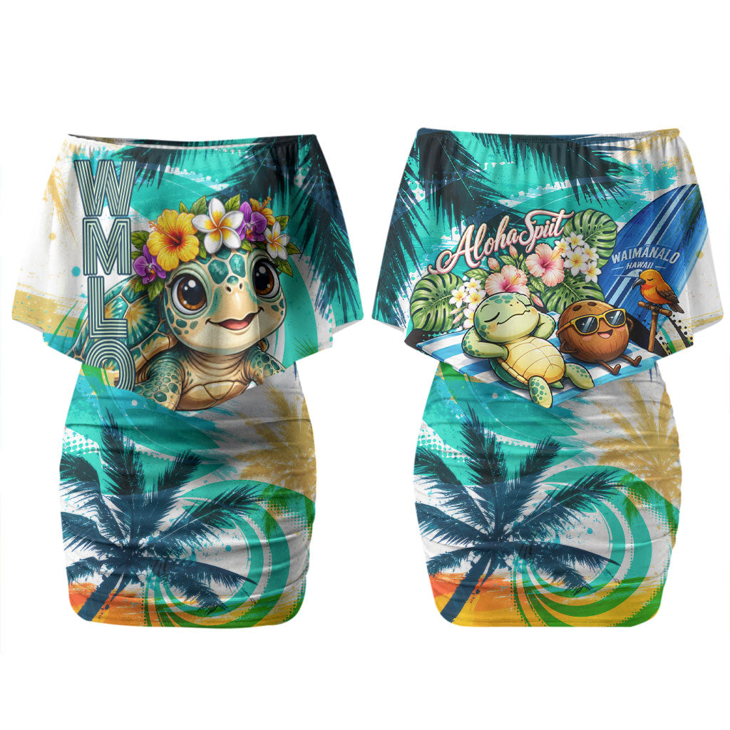 Hawaii Waimanalo Sea Turtle Couples Matching Off Shoulder Short Dress and Hawaiian Shirt Cute Tropical Beach Aloha Spirit Cartoon