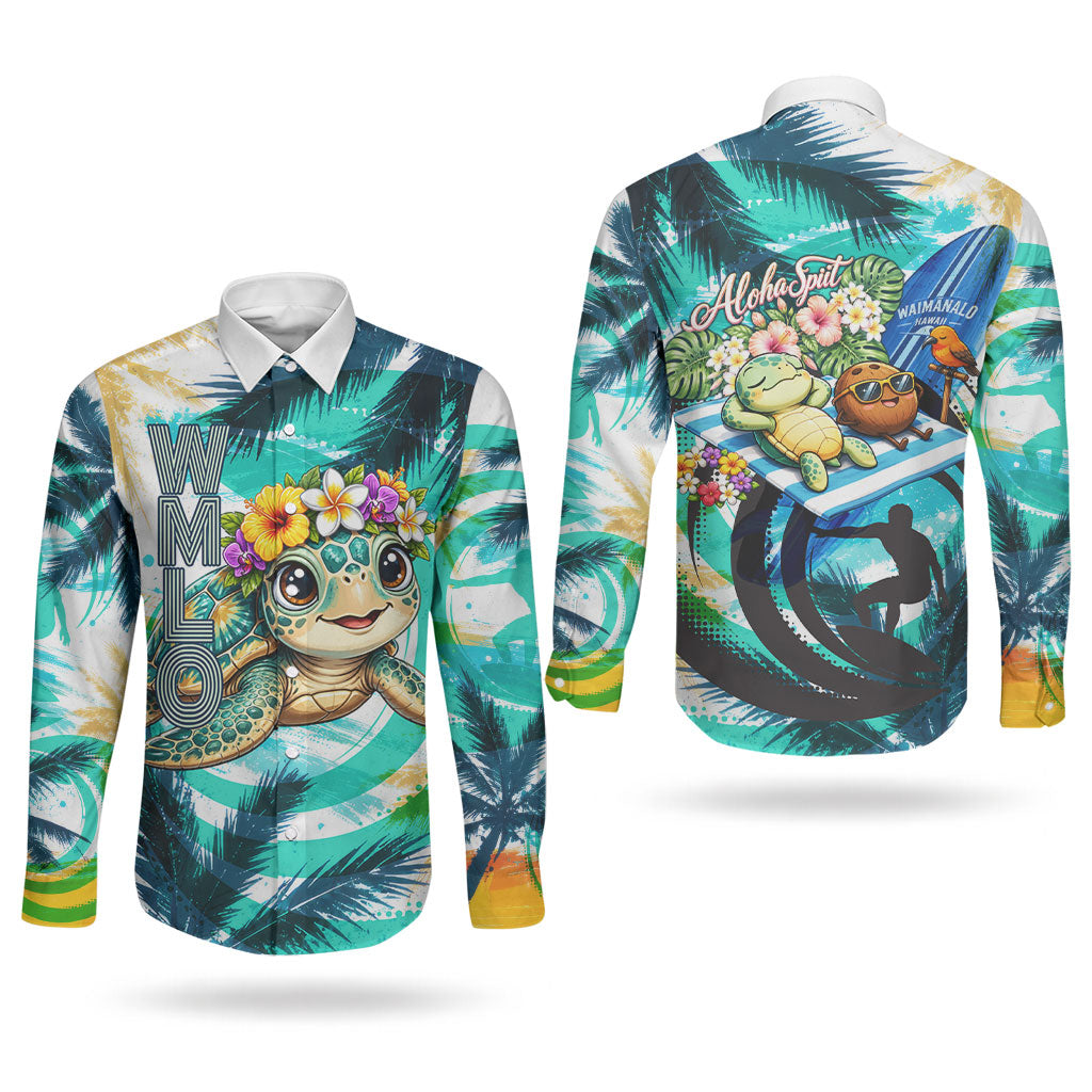 Hawaii Waimanalo Sea Turtle Couples Matching Off Shoulder Short Dress and Long Sleeve Button Shirt Cute Tropical Beach Aloha Spirit Cartoon