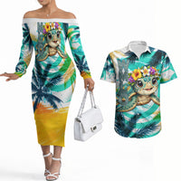 Hawaii Waimanalo Sea Turtle Couples Matching Off The Shoulder Long Sleeve Dress and Hawaiian Shirt Cute Tropical Beach Aloha Spirit Cartoon
