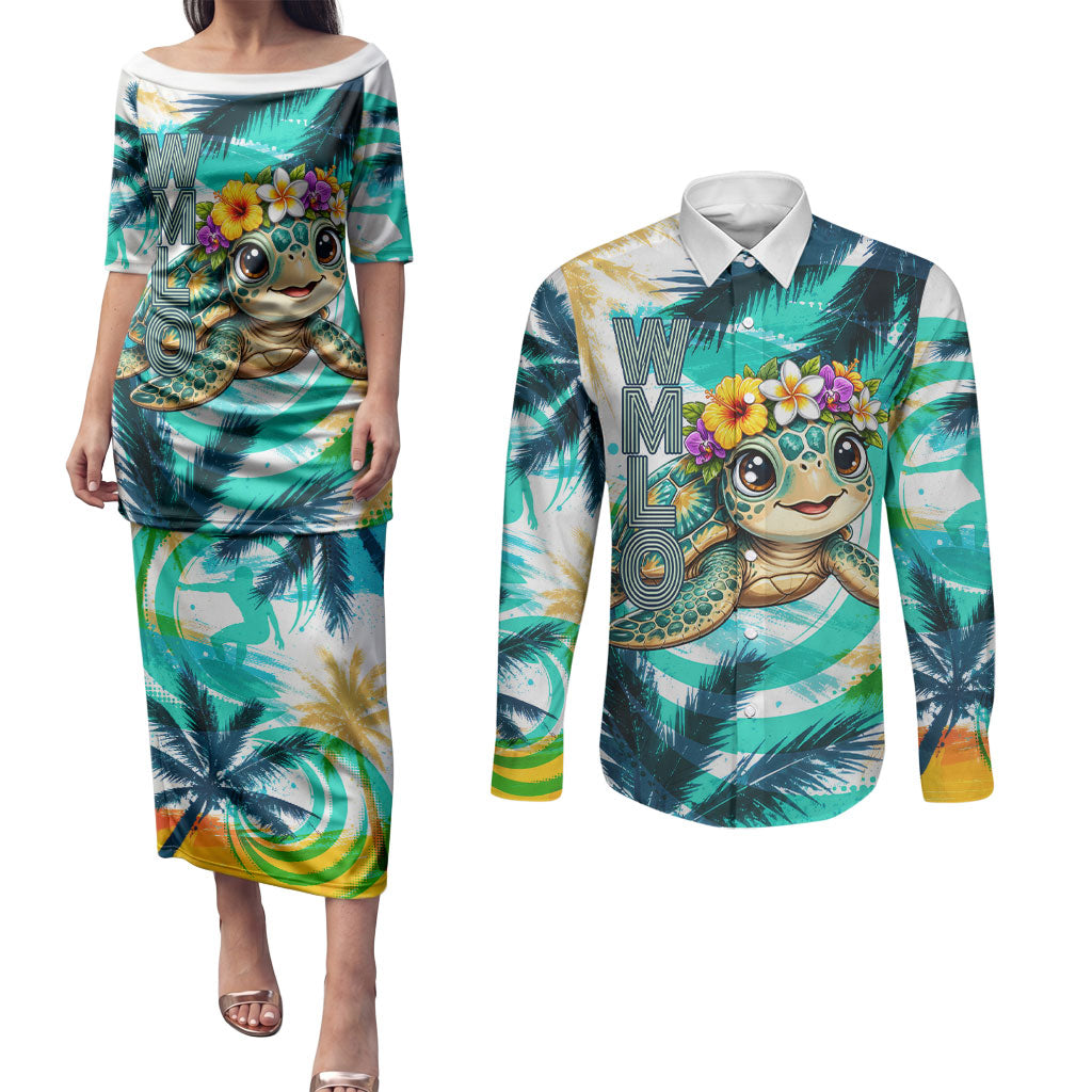 Hawaii Waimanalo Sea Turtle Couples Matching Puletasi and Long Sleeve Button Shirt Cute Tropical Beach Aloha Spirit Cartoon
