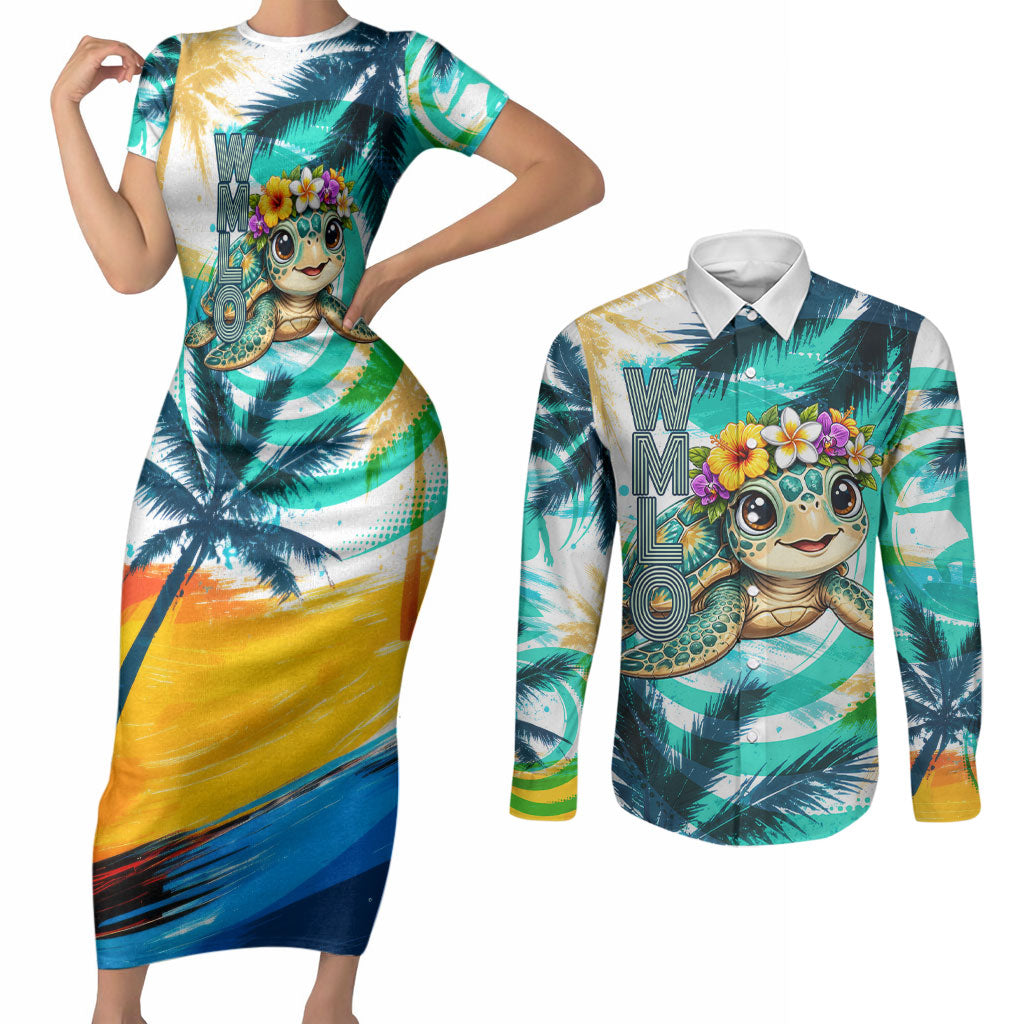 Hawaii Waimanalo Sea Turtle Couples Matching Short Sleeve Bodycon Dress and Long Sleeve Button Shirt Cute Tropical Beach Aloha Spirit Cartoon
