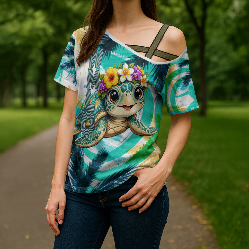 Hawaii Waimanalo Sea Turtle Cross Shoulder Shirt Cute Tropical Beach Aloha Spirit Cartoon