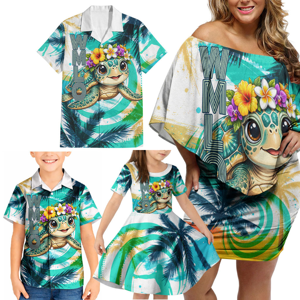 Hawaii Waimanalo Sea Turtle Family Matching Off Shoulder Short Dress and Hawaiian Shirt Cute Tropical Beach Aloha Spirit Cartoon