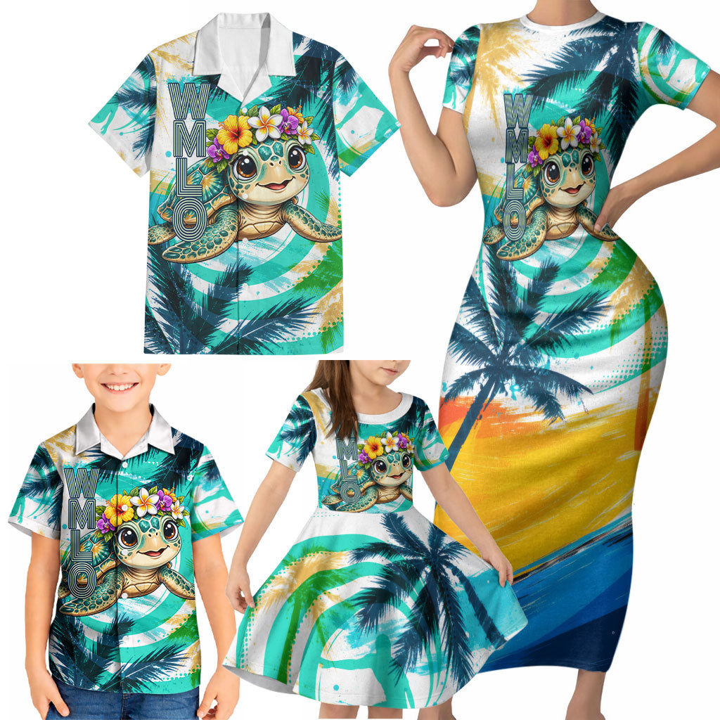 Hawaii Waimanalo Sea Turtle Family Matching Short Sleeve Bodycon Dress and Hawaiian Shirt Cute Tropical Beach Aloha Spirit Cartoon TS04 - Polynesian Pride