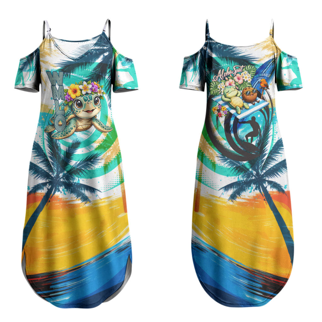 Hawaii Waimanalo Sea Turtle Family Matching Summer Maxi Dress and Hawaiian Shirt Cute Tropical Beach Aloha Spirit Cartoon
