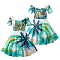 Hawaii Waimanalo Sea Turtle Family Matching Summer Maxi Dress and Hawaiian Shirt Cute Tropical Beach Aloha Spirit Cartoon
