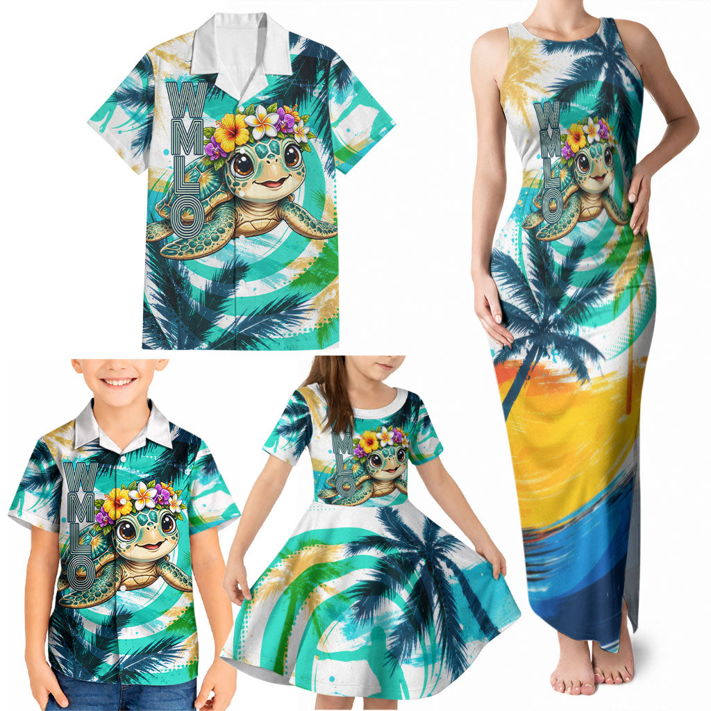 Hawaii Waimanalo Sea Turtle Family Matching Tank Maxi Dress and Hawaiian Shirt Cute Tropical Beach Aloha Spirit Cartoon