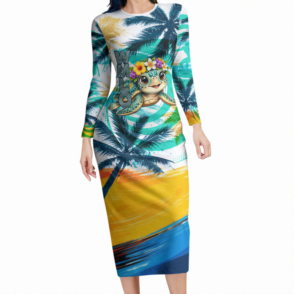 Hawaii Waimanalo Sea Turtle Long Sleeve Bodycon Dress Cute Tropical Beach Aloha Spirit Cartoon