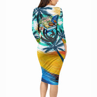 Hawaii Waimanalo Sea Turtle Long Sleeve Bodycon Dress Cute Tropical Beach Aloha Spirit Cartoon