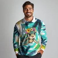 Hawaii Waimanalo Sea Turtle Long Sleeve Polo Shirt Cute Tropical Beach Aloha Spirit Cartoon