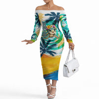 Hawaii Waimanalo Sea Turtle Off The Shoulder Long Sleeve Dress Cute Tropical Beach Aloha Spirit Cartoon