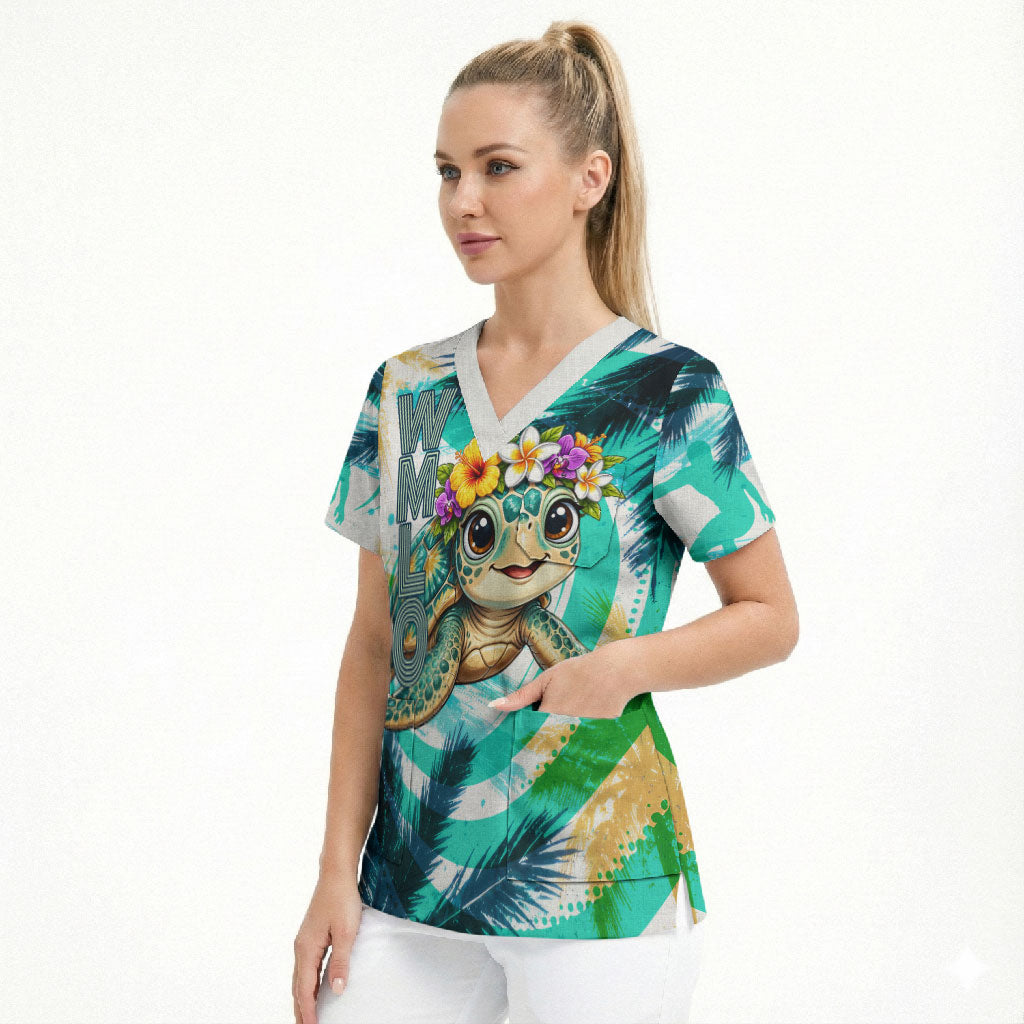 Hawaii Waimanalo Sea Turtle Scrub Top Cute Tropical Beach Aloha Spirit Cartoon
