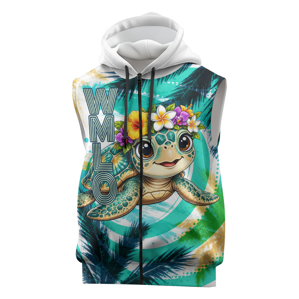 Hawaii Waimanalo Sea Turtle Sleeveless Zip Hoodie Cute Tropical Beach Aloha Spirit Cartoon