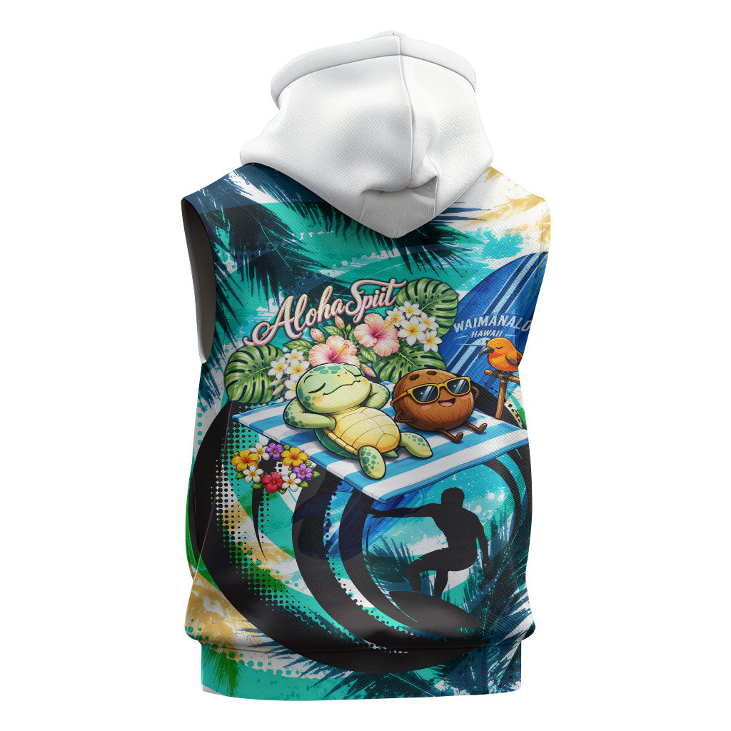Hawaii Waimanalo Sea Turtle Sleeveless Zip Hoodie Cute Tropical Beach Aloha Spirit Cartoon