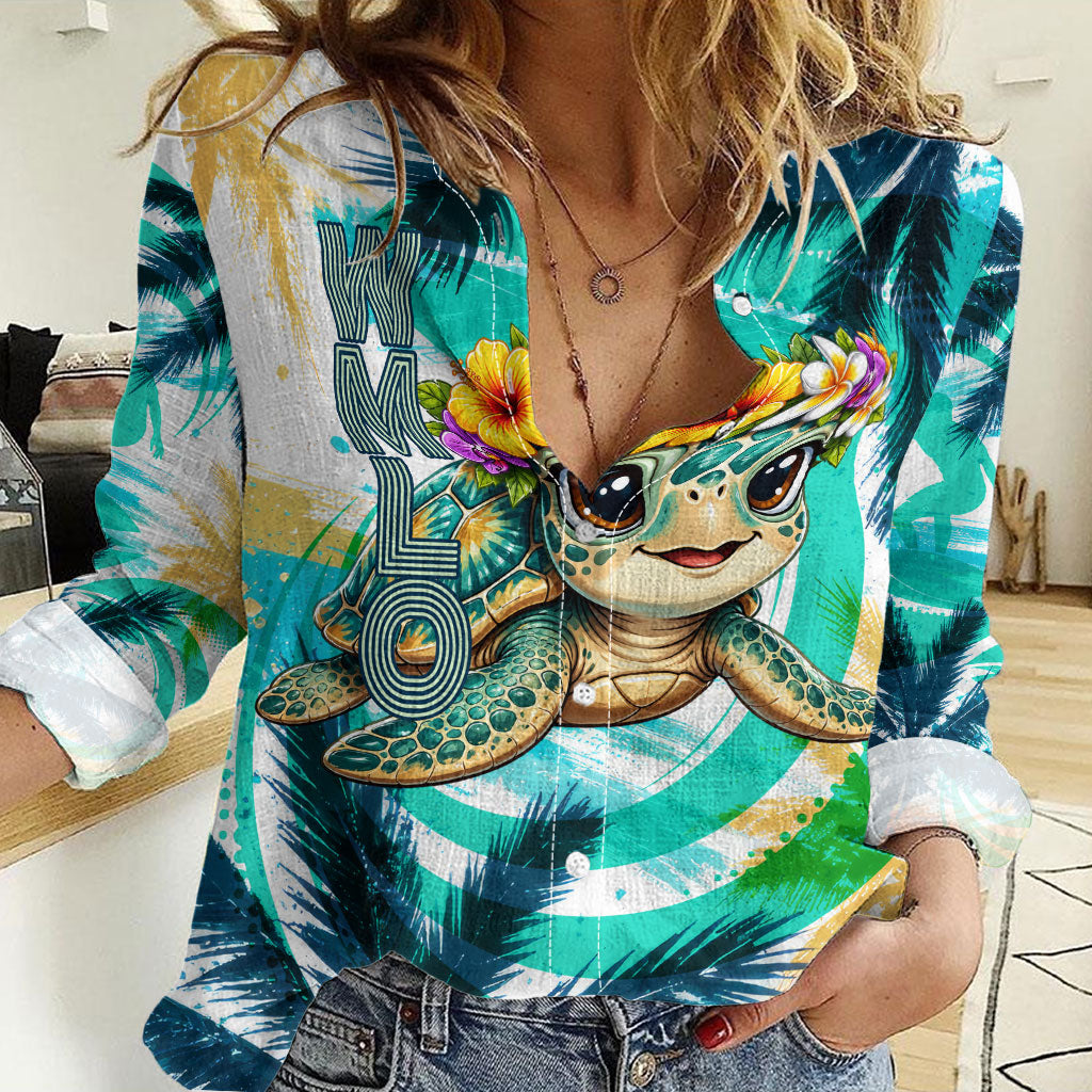 Hawaii Waimanalo Sea Turtle Women Casual Shirt Cute Tropical Beach Aloha Spirit Cartoon