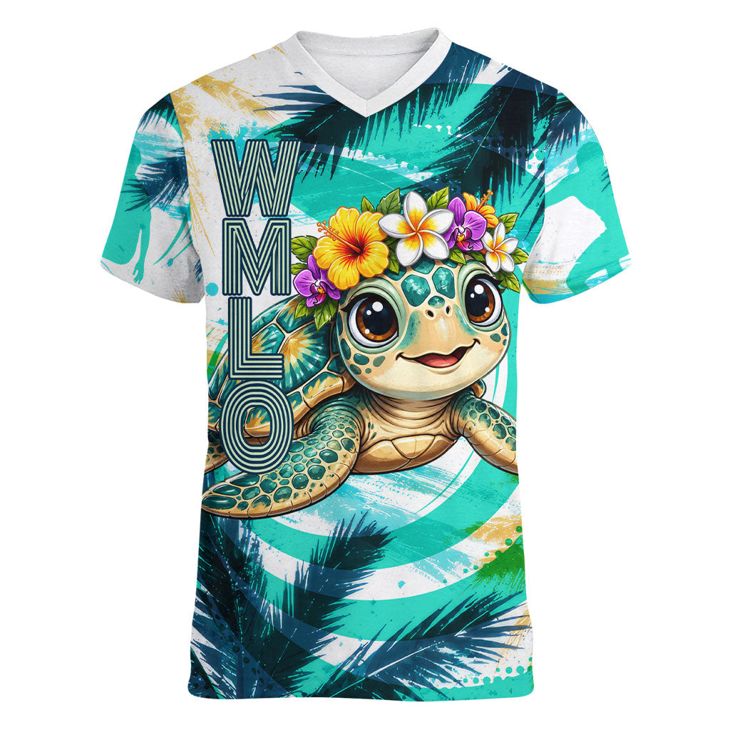 Hawaii Waimanalo Sea Turtle Women V-Neck T-Shirt Cute Tropical Beach Aloha Spirit Cartoon