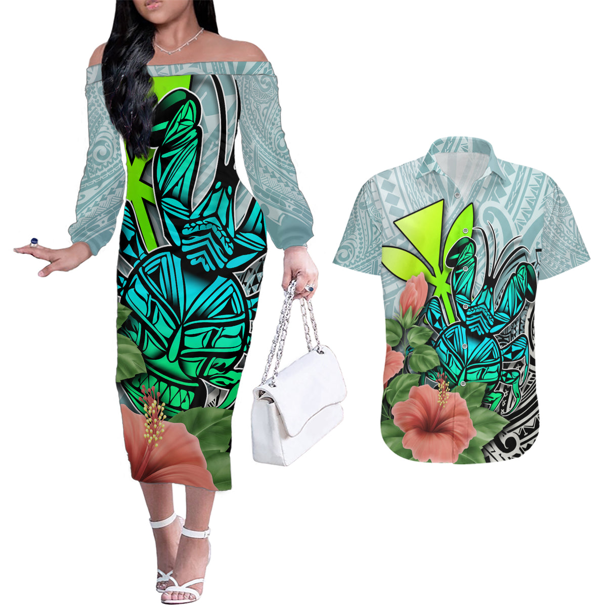Polynesian Hawaii Couples Matching Off The Shoulder Long Sleeve Dress and Hawaiian Shirt Kanaka with Crab Tribal tattoo TS04 Multicolor - Polynesian Pride