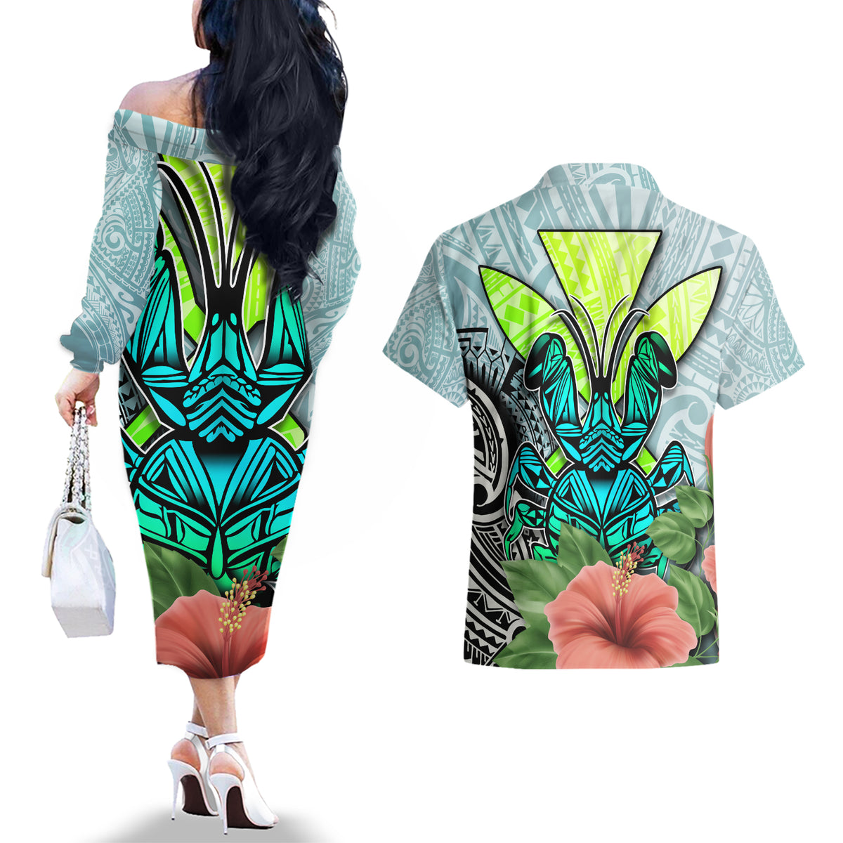 Polynesian Hawaii Couples Matching Off The Shoulder Long Sleeve Dress and Hawaiian Shirt Kanaka with Crab Tribal tattoo TS04 - Polynesian Pride