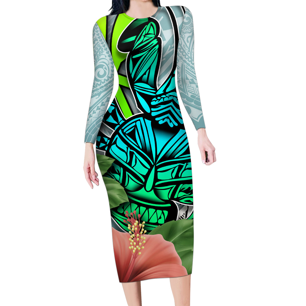 Polynesian Hawaii Family Matching Long Sleeve Bodycon Dress and Hawaiian Shirt Kanaka with Crab Tribal tattoo TS04 Mom's Dress Multicolor - Polynesian Pride