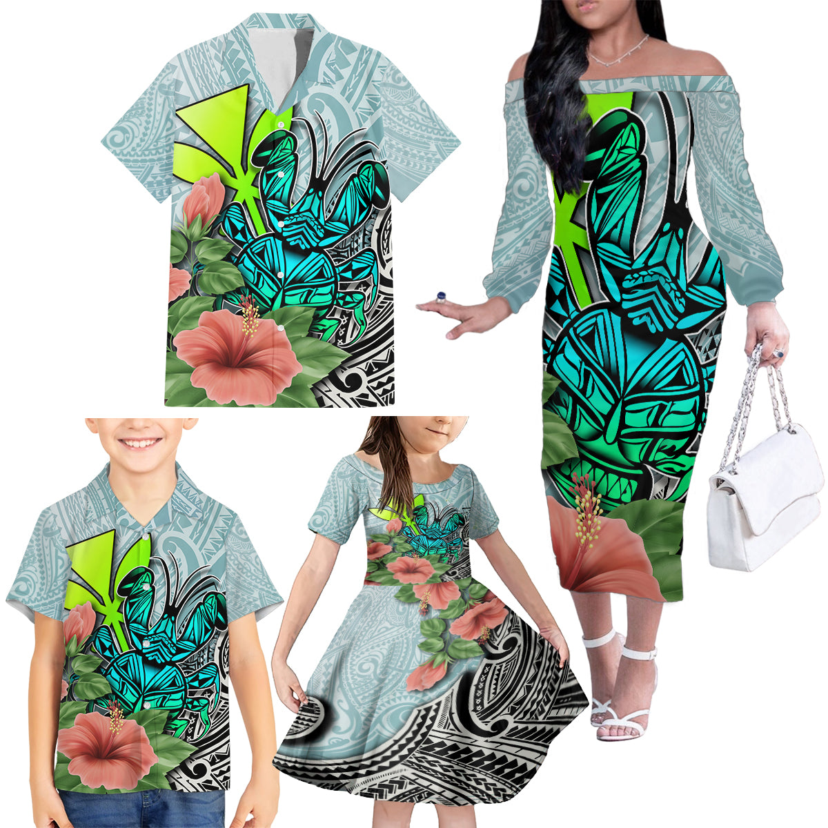 Polynesian Hawaii Family Matching Off Shoulder Long Sleeve Dress and Hawaiian Shirt Kanaka with Crab Tribal tattoo TS04 - Polynesian Pride