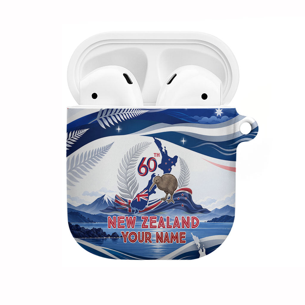 Personalized New Zealand 60th Birthday AirPods Case Silver Fern Kiwi Bird Coat Of Arms Flag Graphic Art TS04 Blue White - Polynesian Pride