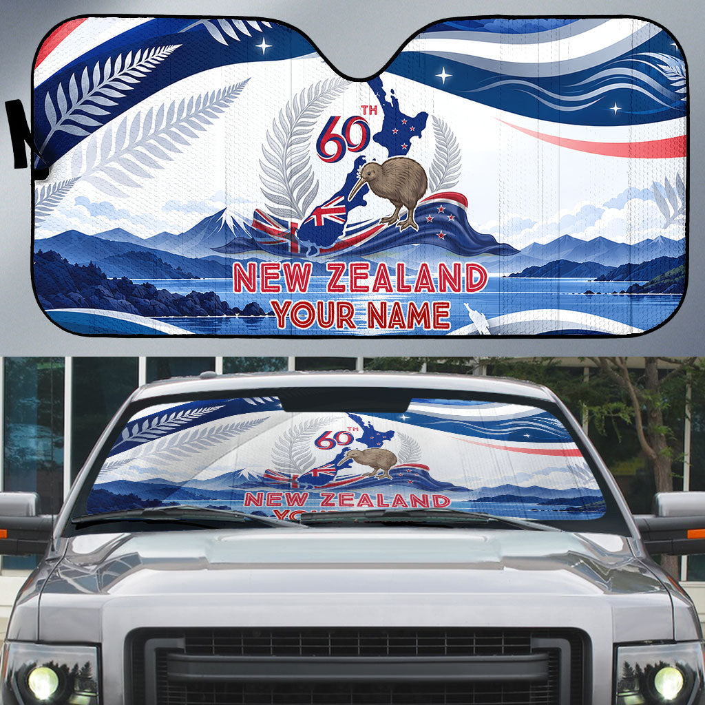 Personalized New Zealand 60th Birthday Auto Sun Shade Silver Fern Kiwi Bird Coat Of Arms Flag Graphic Art TS04 Blue White - Polynesian Pride