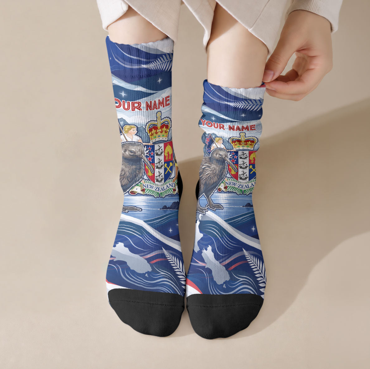 Personalized New Zealand 60th Birthday Crew Socks Silver Fern Kiwi Bird Coat Of Arms Flag Graphic Art TS04 Crew Socks Blue White - Polynesian Pride