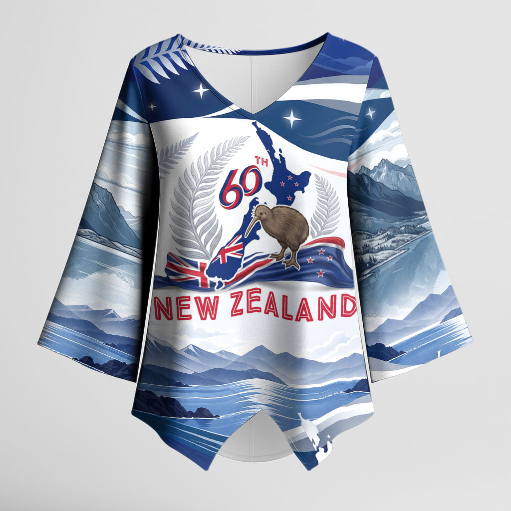 Personalized New Zealand 60th Birthday Kimono Sleeve Blouse Silver Fern Kiwi Bird Coat Of Arms Flag Graphic Art TS04 Female Blue White - Polynesian Pride