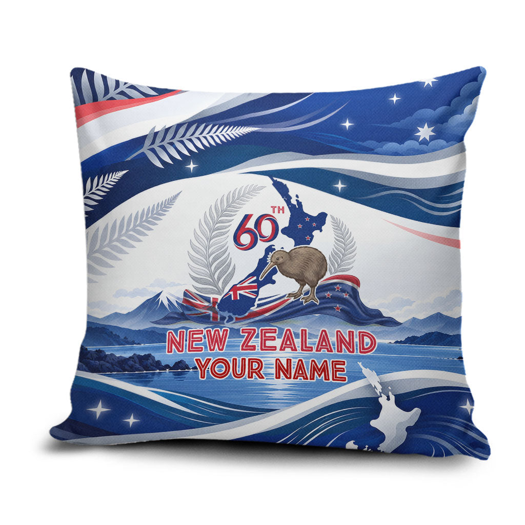 Personalized New Zealand 60th Birthday Pillow Cover Silver Fern Kiwi Bird Coat Of Arms Flag Graphic Art TS04 Blue White - Polynesian Pride