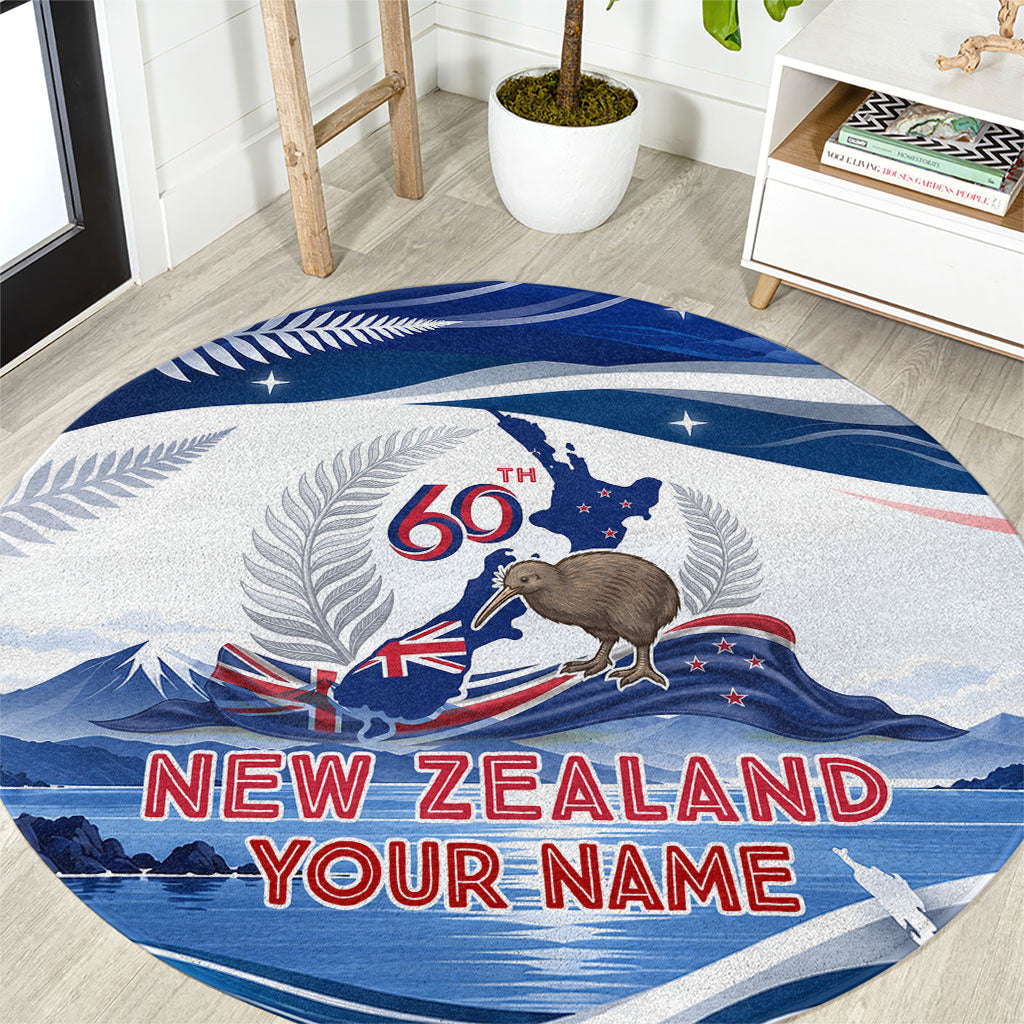 Personalized New Zealand 60th Birthday Round Carpet Silver Fern Kiwi Bird Coat Of Arms Flag Graphic Art TS04 Blue White - Polynesian Pride