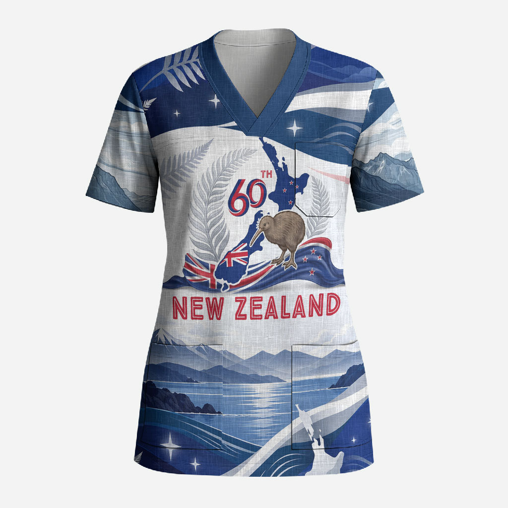 Personalized New Zealand 60th Birthday Scrub Top Silver Fern Kiwi Bird Coat Of Arms Flag Graphic Art TS04 Adult Blue White - Polynesian Pride