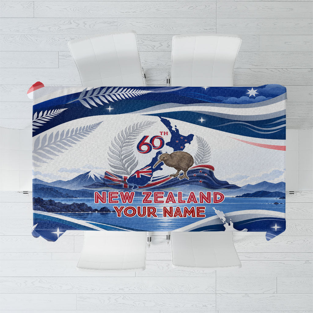 Personalized New Zealand 60th Birthday Tablecloth Silver Fern Kiwi Bird Coat Of Arms Flag Graphic Art TS04 Blue White - Polynesian Pride