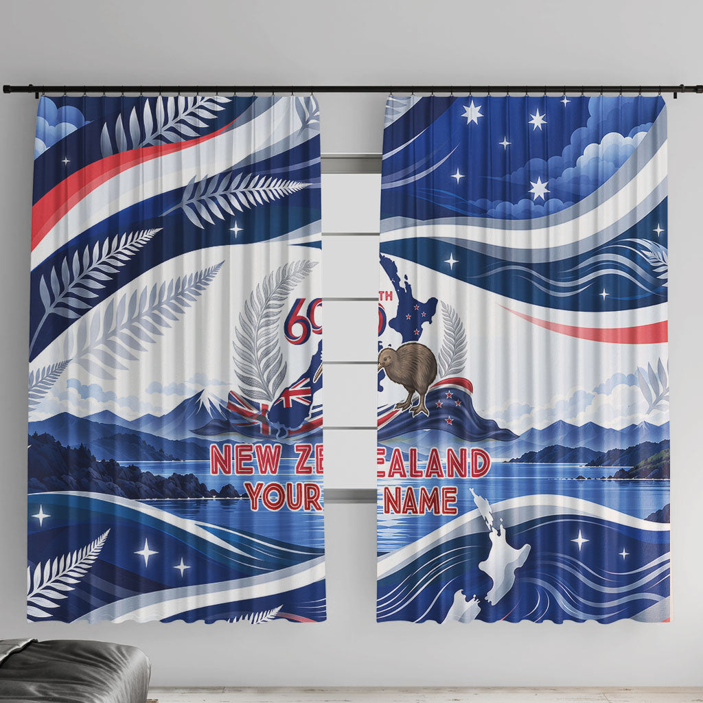 Personalized New Zealand 60th Birthday Window Curtain Silver Fern Kiwi Bird Coat Of Arms Flag Graphic Art TS04 With Hooks Blue White - Polynesian Pride