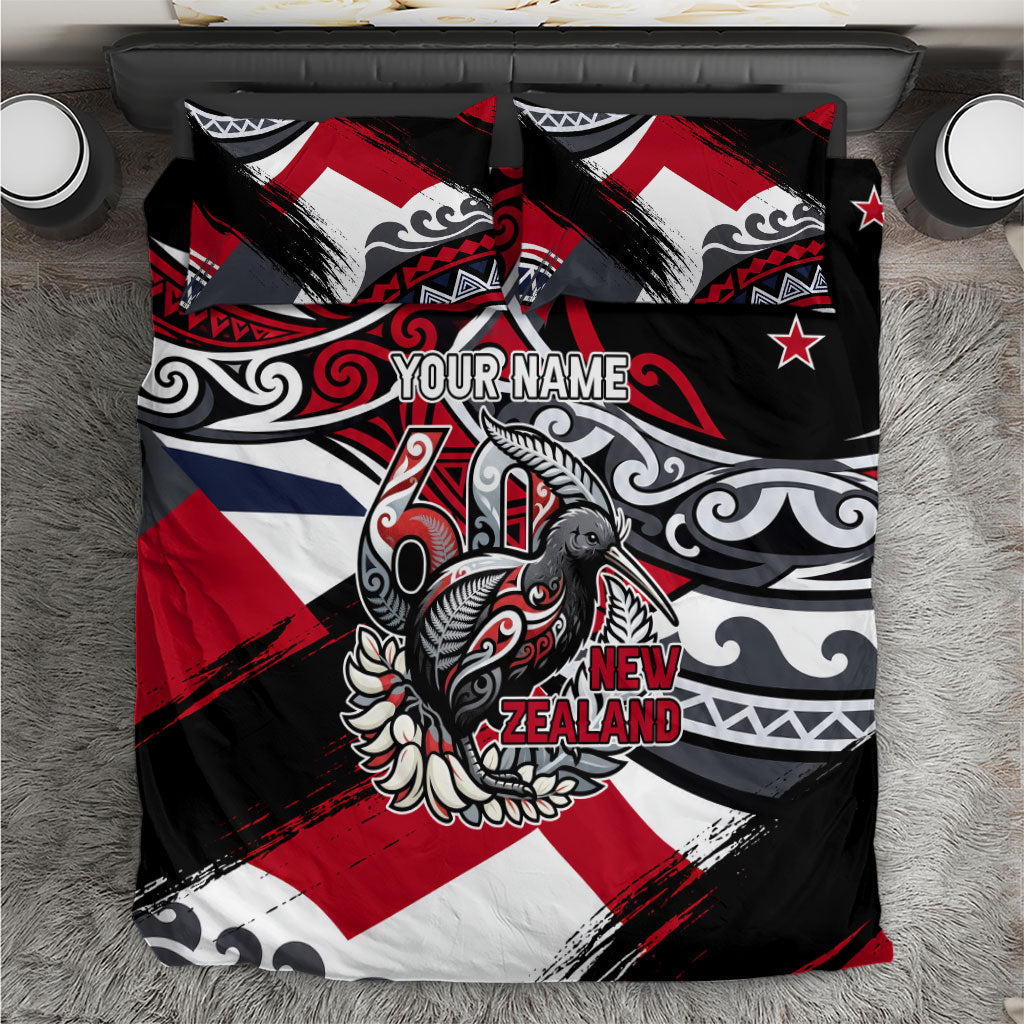 Personalized New Zealand 60th Birthday Bedding Set Maori Tribal Patterns Kiwi Bird Silver Fern Flag Graphic Art TS04 Red Black - Polynesian Pride