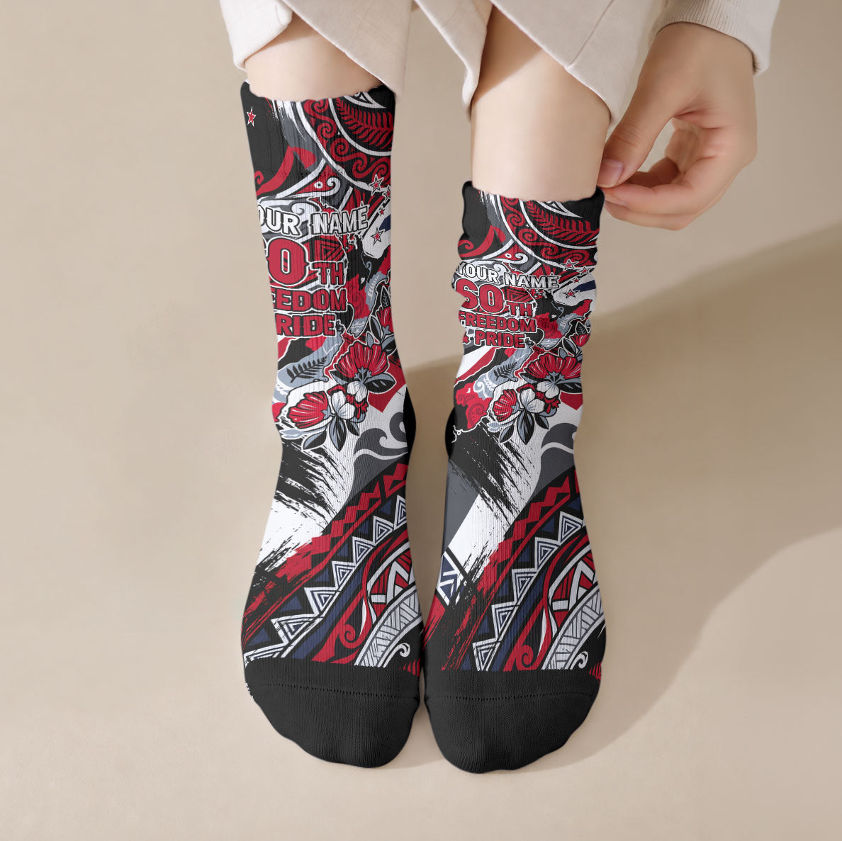 Personalized New Zealand 60th Birthday Crew Socks Maori Tribal Patterns Kiwi Bird Silver Fern Flag Graphic Art TS04 Crew Socks Red Black - Polynesian Pride