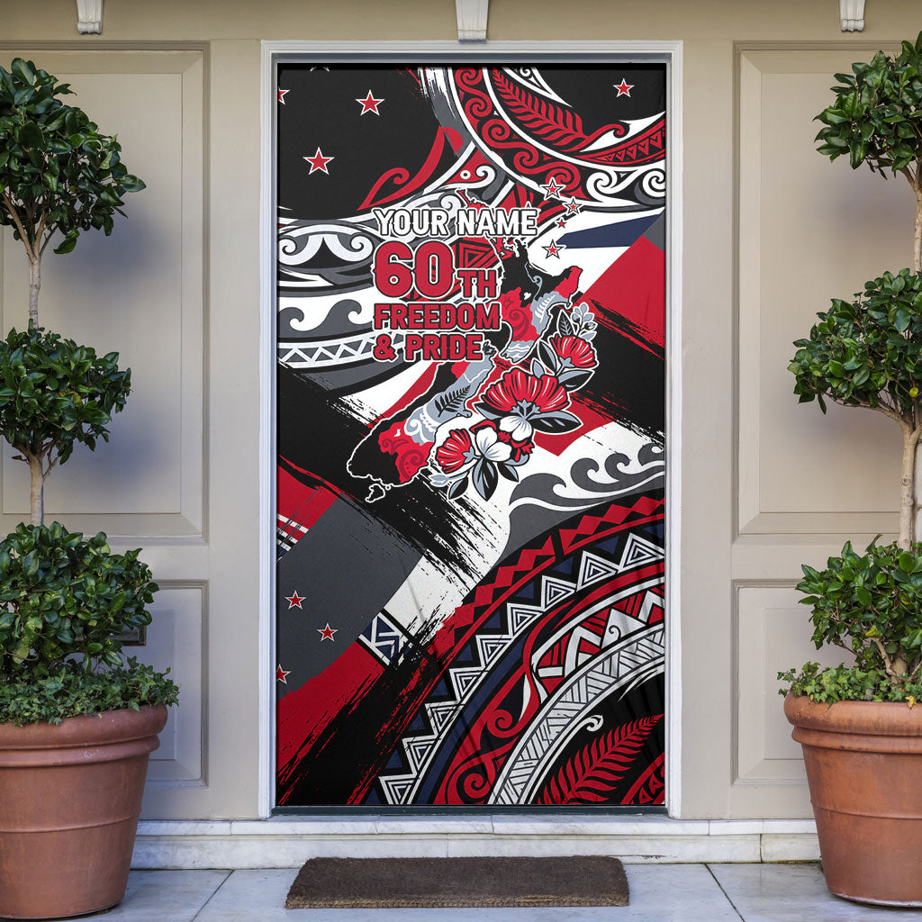 Personalized New Zealand 60th Birthday Door Cover Maori Tribal Patterns Kiwi Bird Silver Fern Flag Graphic Art TS04 Red Black - Polynesian Pride