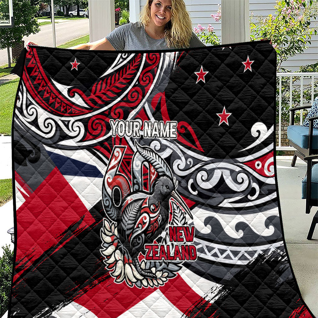 Personalized New Zealand 60th Birthday Quilt Maori Tribal Patterns Kiwi Bird Silver Fern Flag Graphic Art TS04 Red Black - Polynesian Pride