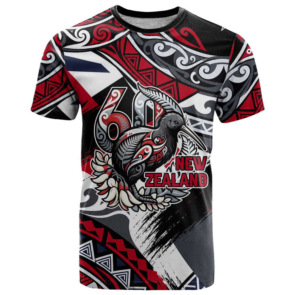 Personalized New Zealand 60th Birthday T Shirt Maori Tribal Patterns Kiwi Bird Silver Fern Flag Graphic Art TS04 Red Black - Polynesian Pride