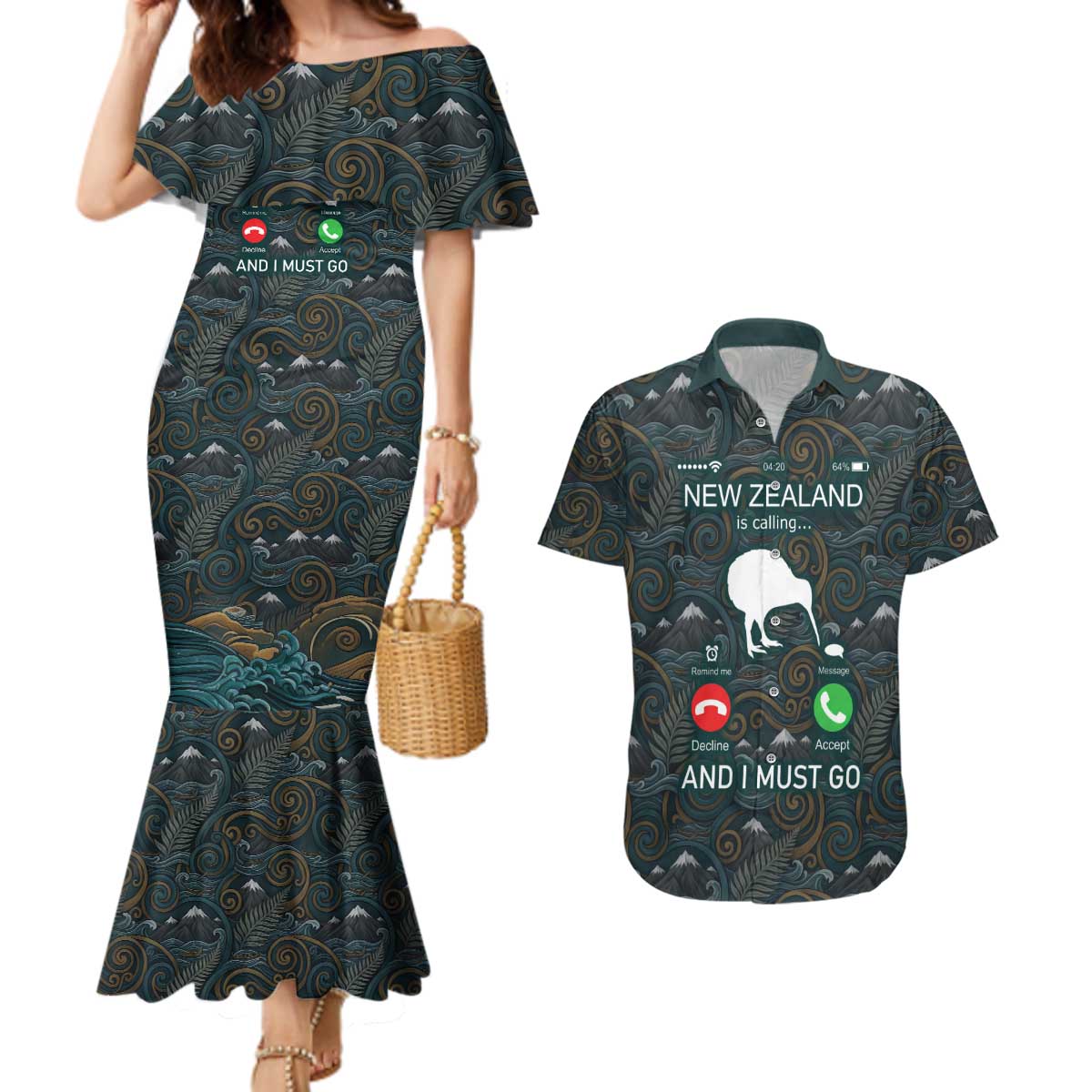 New Zealand is Calling and I Must Go Couples Matching Mermaid Dress and Hawaiian Shirt Kiwi Bird Silhouette