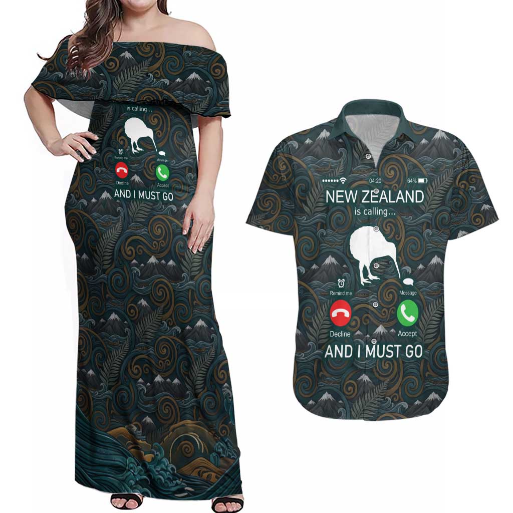 New Zealand is Calling and I Must Go Couples Matching Off Shoulder Maxi Dress and Hawaiian Shirt Kiwi Bird Silhouette TS04 Multicolor - Polynesian Pride