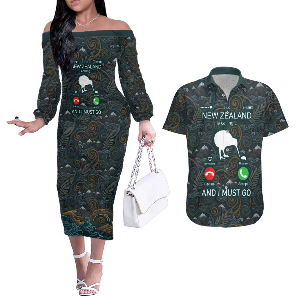 New Zealand is Calling and I Must Go Couples Matching Off The Shoulder Long Sleeve Dress and Hawaiian Shirt Kiwi Bird Silhouette