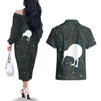 New Zealand is Calling and I Must Go Couples Matching Off The Shoulder Long Sleeve Dress and Hawaiian Shirt Kiwi Bird Silhouette TS04 - Polynesian Pride