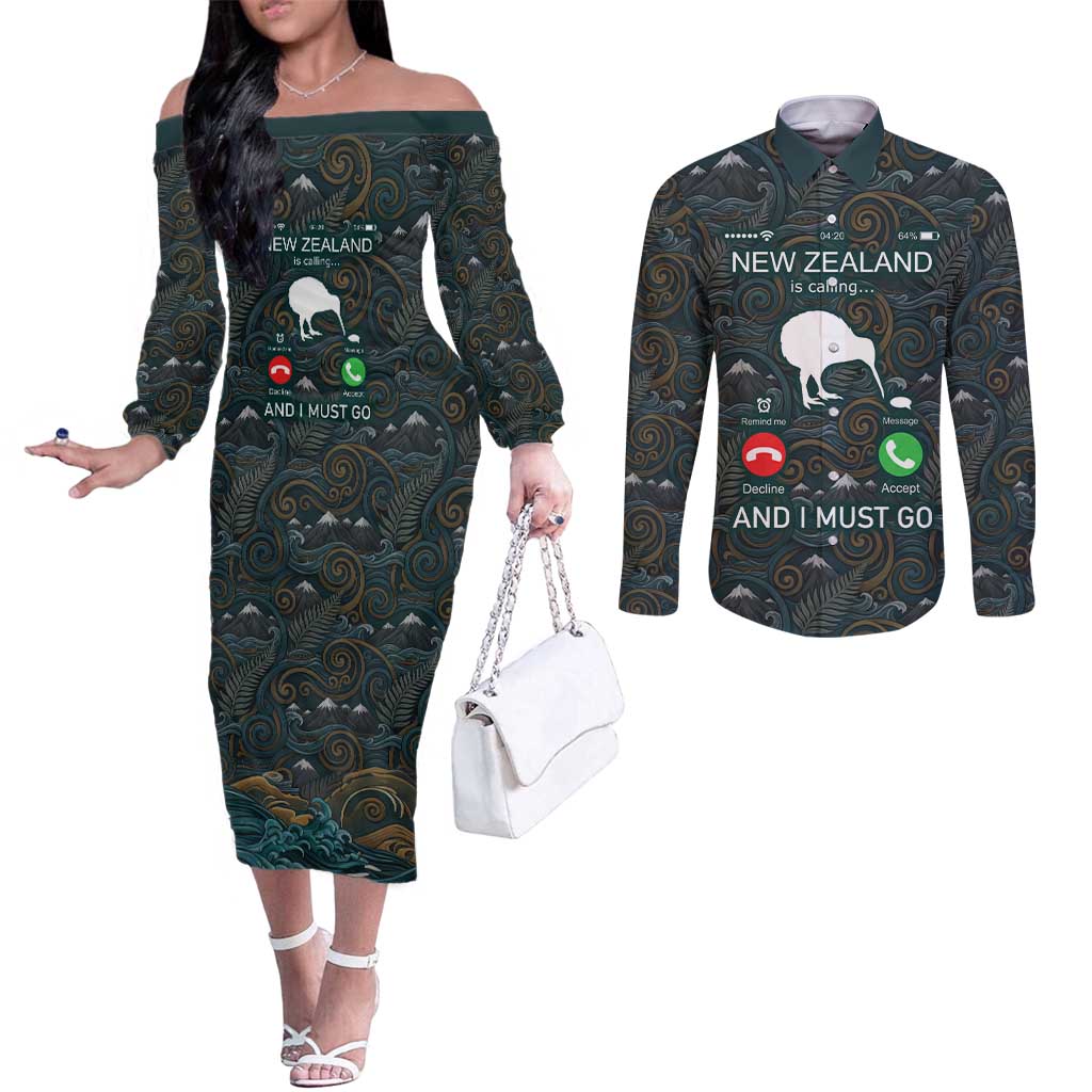 New Zealand is Calling and I Must Go Couples Matching Off The Shoulder Long Sleeve Dress and Long Sleeve Button Shirt Kiwi Bird Silhouette TS04 Multicolor - Polynesian Pride