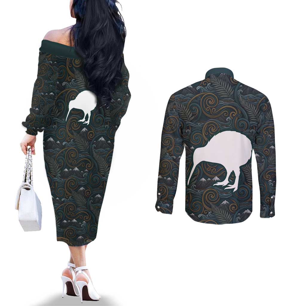 New Zealand is Calling and I Must Go Couples Matching Off The Shoulder Long Sleeve Dress and Long Sleeve Button Shirt Kiwi Bird Silhouette TS04 - Polynesian Pride