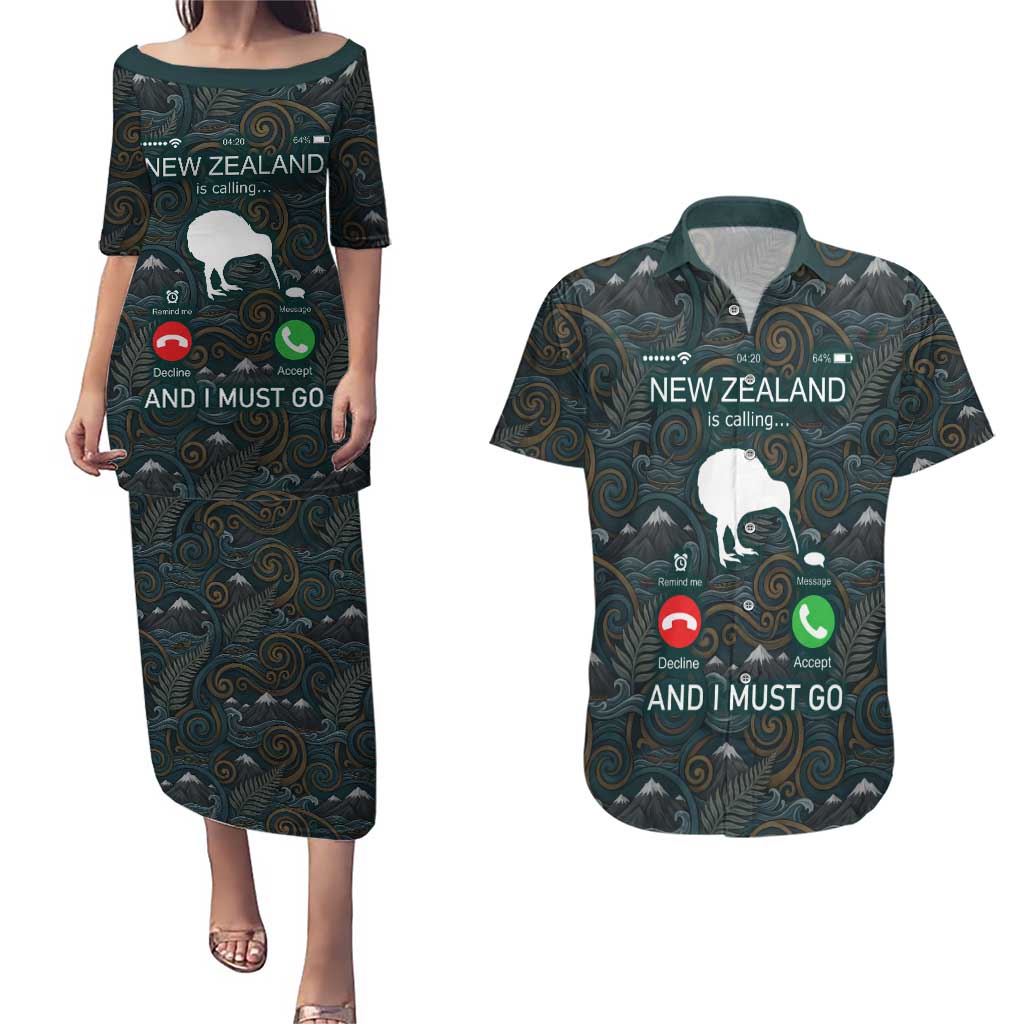 New Zealand is Calling and I Must Go Couples Matching Puletasi and Hawaiian Shirt Kiwi Bird Silhouette TS04 Multicolor - Polynesian Pride