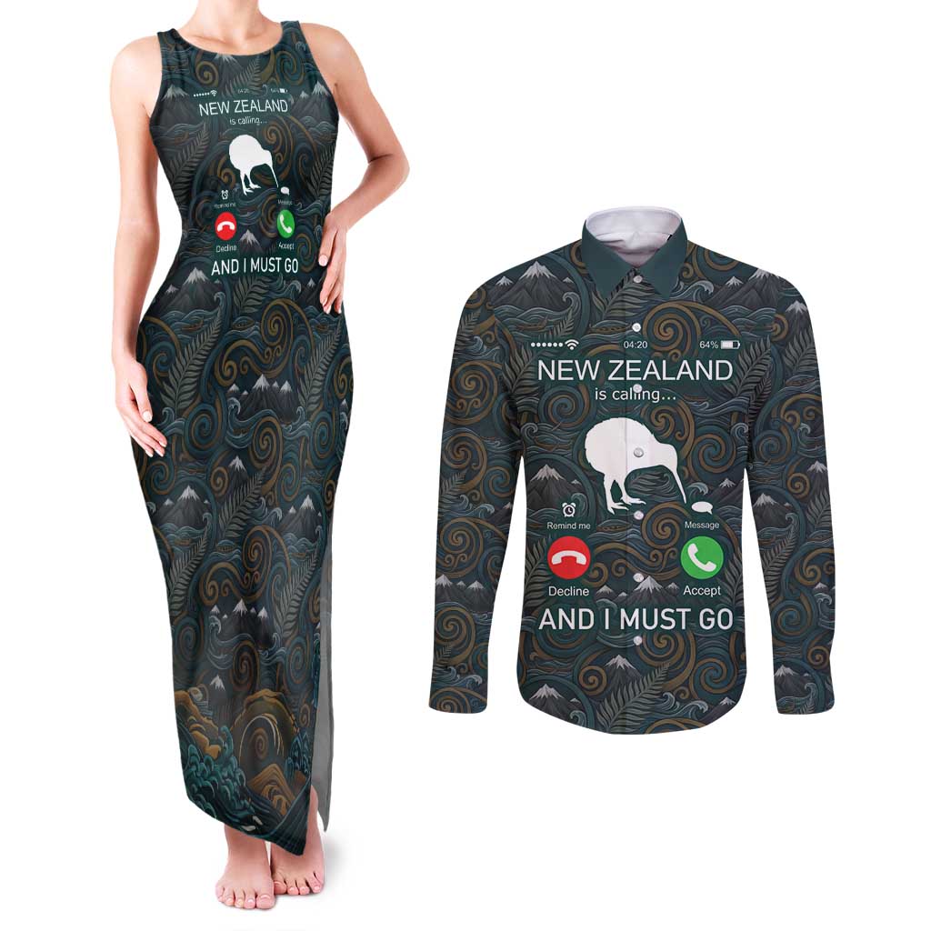New Zealand is Calling and I Must Go Couples Matching Tank Maxi Dress and Long Sleeve Button Shirt Kiwi Bird Silhouette TS04 Multicolor - Polynesian Pride