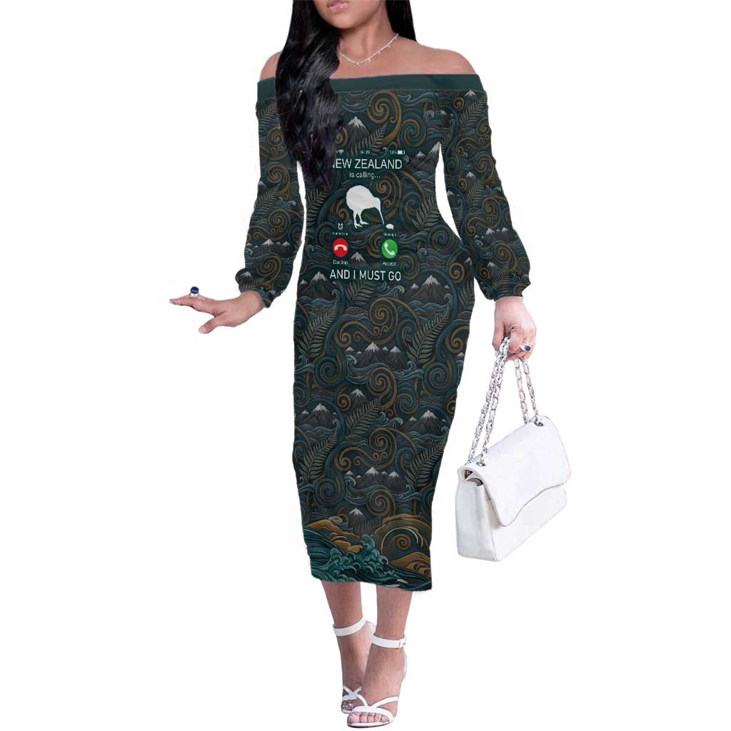 New Zealand is Calling and I Must Go Family Matching Off The Shoulder Long Sleeve Dress and Hawaiian Shirt Kiwi Bird Silhouette