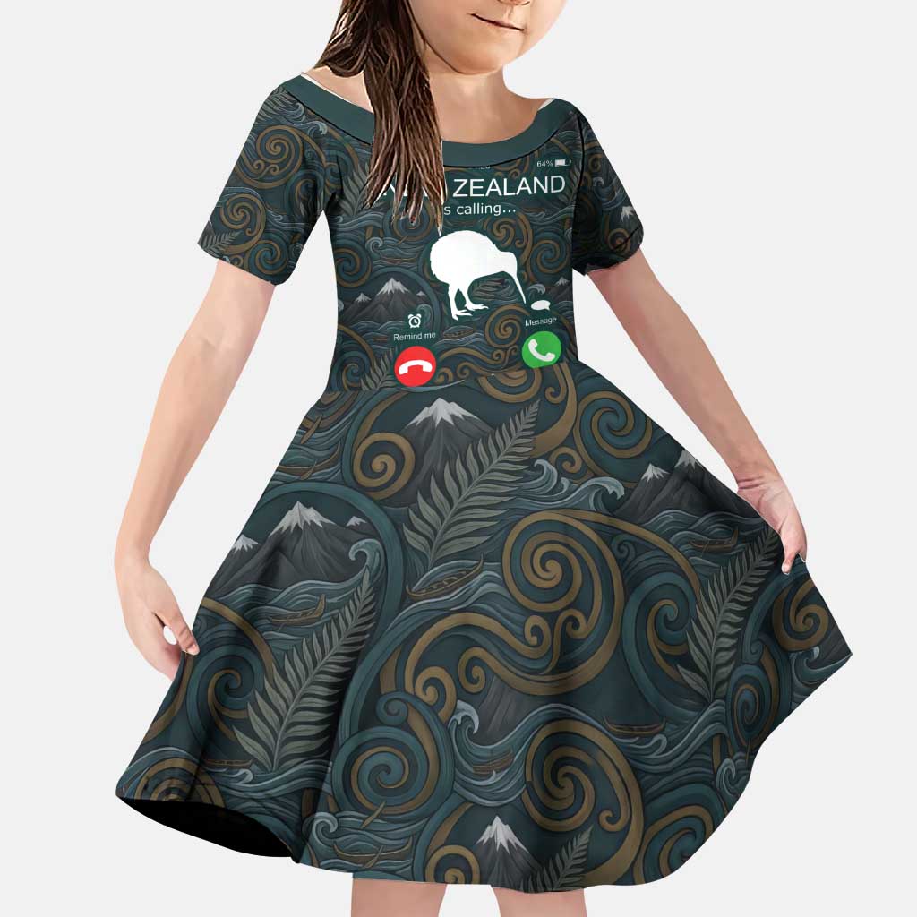 New Zealand is Calling and I Must Go Family Matching Summer Maxi Dress and Hawaiian Shirt Kiwi Bird Silhouette TS04 Daughter's Dress Multicolor - Polynesian Pride