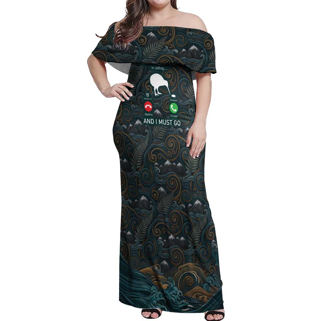New Zealand is Calling and I Must Go Off Shoulder Maxi Dress Kiwi Bird Silhouette TS04 Women Multicolor - Polynesian Pride